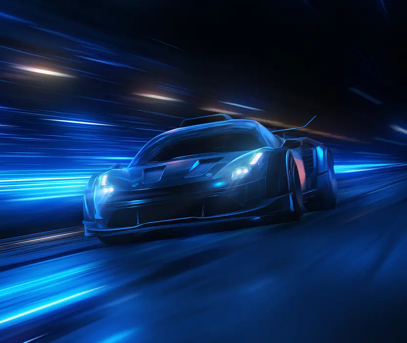 A sleek, futuristic car speeds through a tunnel with neon blue lights creating streaks of motion. The cars design is streamlined, and the setting suggests high velocity and advanced technology.