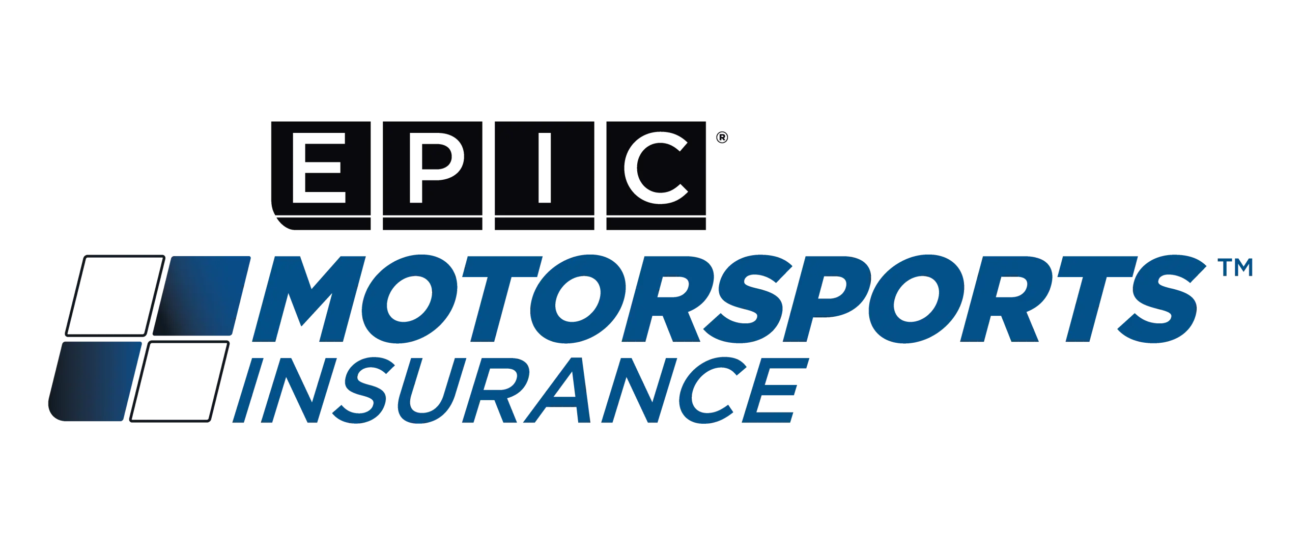 Logo for EPIC Motorsports Insurance, featuring bold blue text with a stylized checkered flag design on the left.