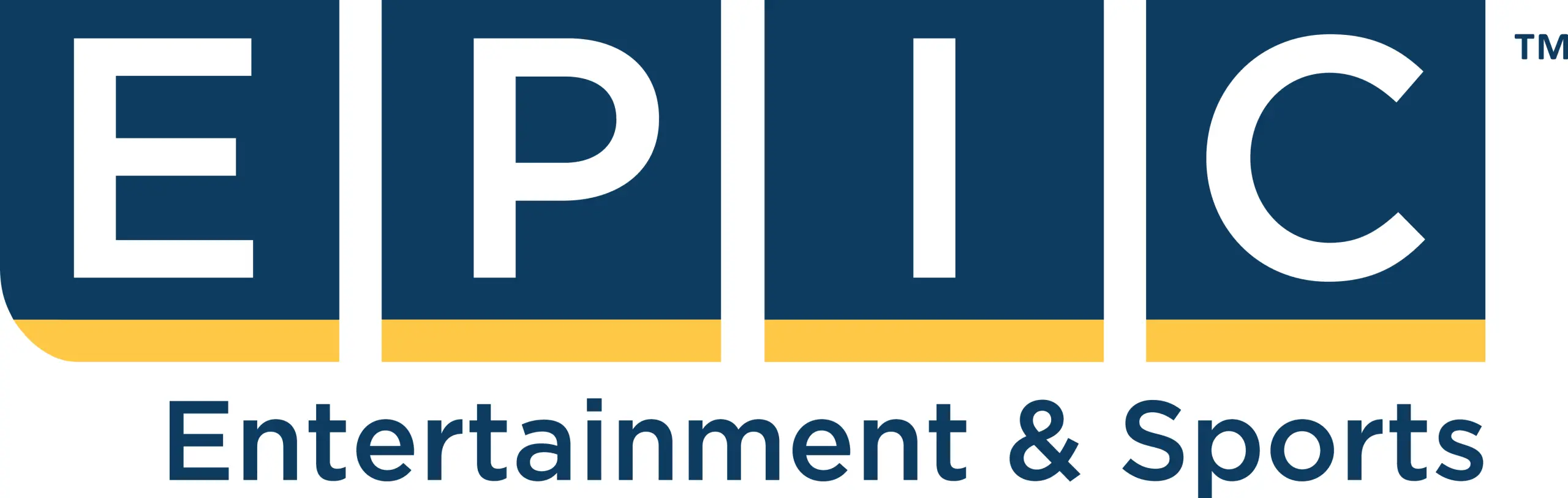 Logo with the word EPIC in large white letters inside blue boxes. Below, Entertainment & Sports is written in dark blue text.
