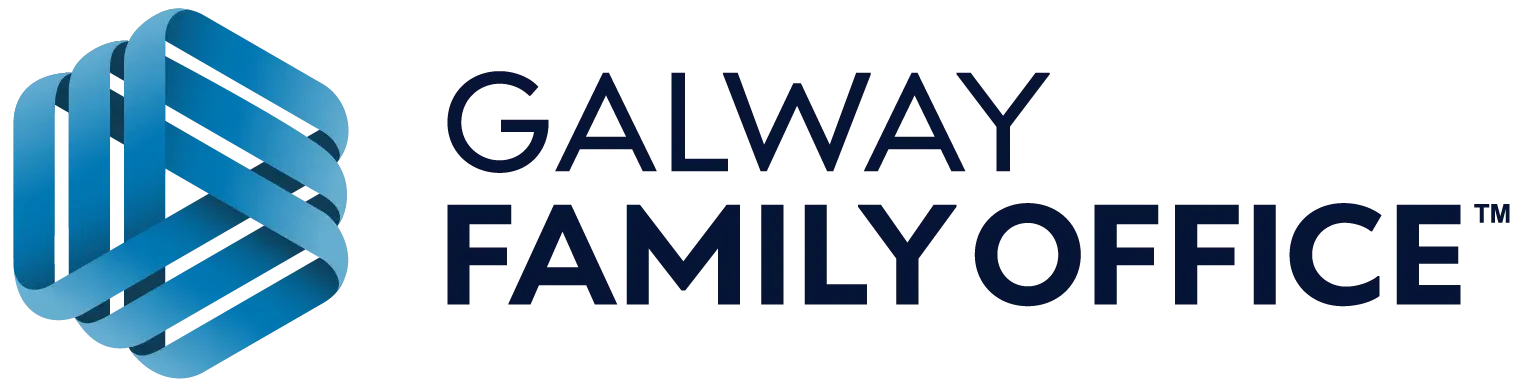 Logo featuring a blue, abstract graphic on the left, resembling intertwined ribbons. To the right, the text reads GALWAY FAMILY OFFICE in bold, black letters. The background is transparent.