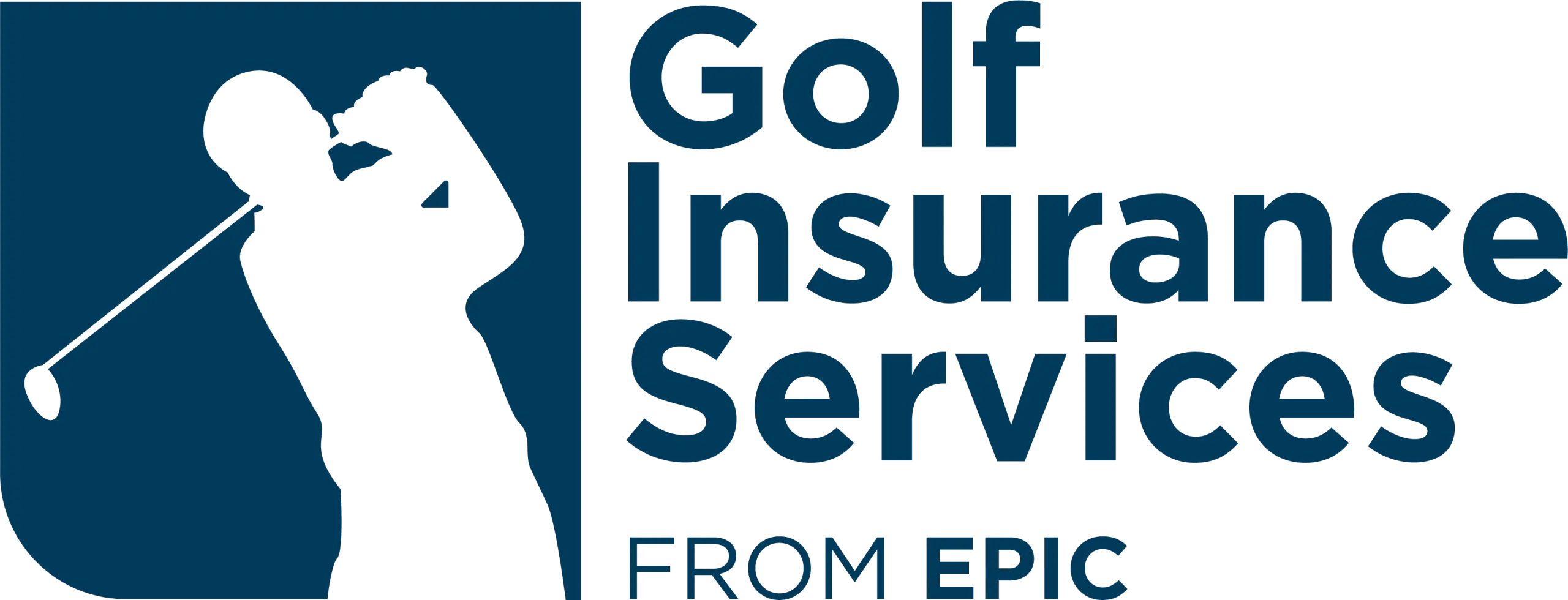 Silhouette of a golfer swinging a club next to the text Golf Insurance Services From EPIC on a blue background.