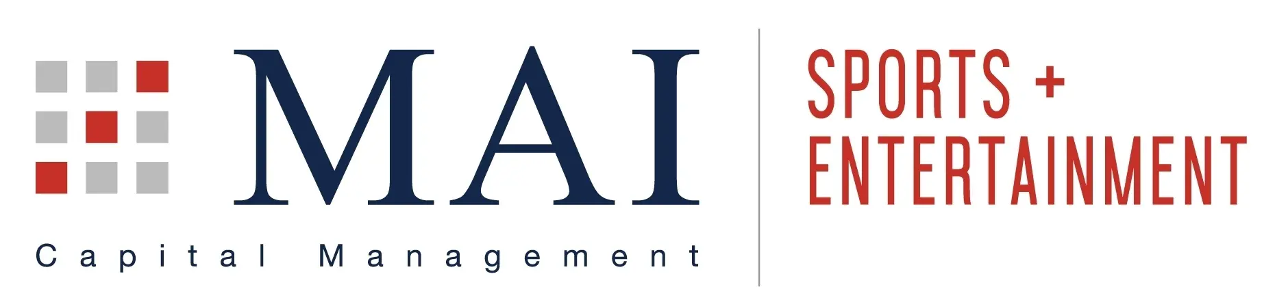 Logo with MAI Capital Management in dark blue and Sports + Entertainment in red. A grid of gray and red squares appears on the left.
