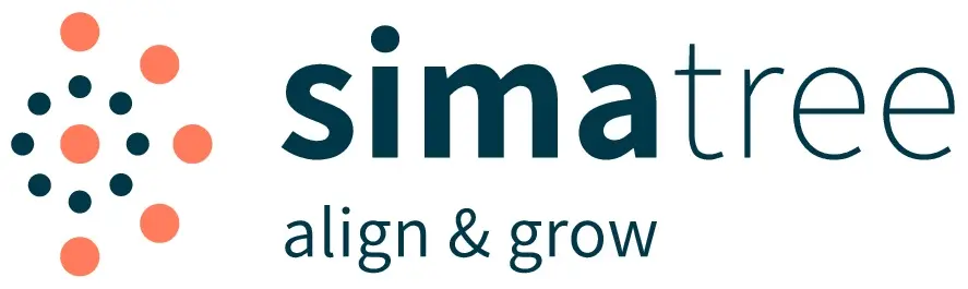 Logo with orange dots forming a pattern, next to the text simatree in bold blue letters. Below, in smaller letters, the phrase align & grow is displayed.