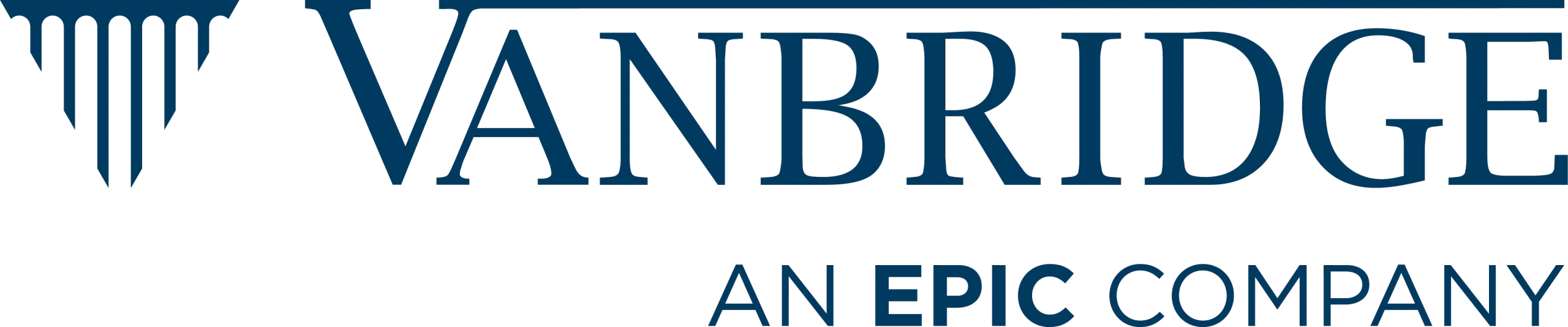 Logo showing the text VANBRIDGE with a stylized column design on the left. Below, it reads AN EPIC COMPANY. The text is in a dark blue color.
